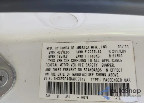 2011 Honda Accord 2.4 Lx-P from USA, damaged, VIN 1HGCP2F46BA077517